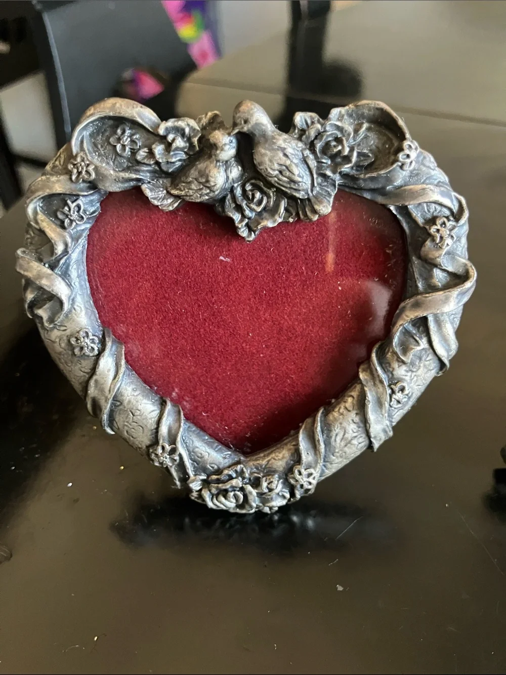 Ornate Heart-Shaped Silver Photo Frame with Red Velvet Mat